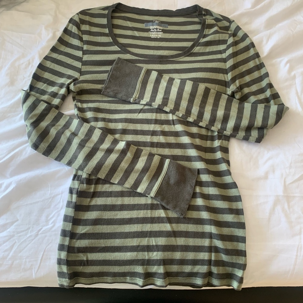 Vintage y2k long sleeve green striped shirt tight fit